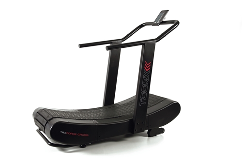 Dette er en TRX Force Cross Curved Løbebånd, løbebåndet er sort med røde accenter og hvid tekst